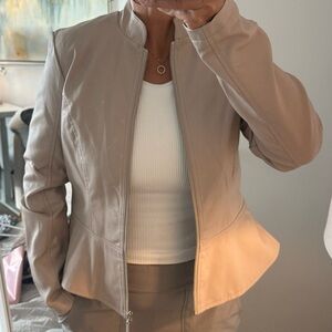 Women's Taupe Peplum VeganLeather Jacket